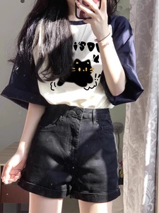 日系可爱猫咪奶呼呼纯棉短袖t恤女夏季韩版2024新款学生半袖上衣
