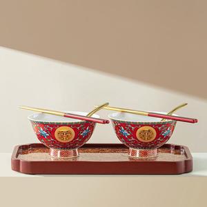 珐瑯彩结婚碗筷套装中式红碗结婚喜碗一对陶瓷夫妻碗婚礼红色餐具