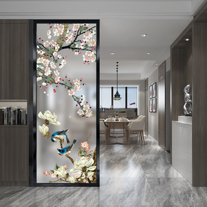 新中式艺术玻璃屏风隔断客厅入户玄关钢化玻璃定制轻奢喜上眉梢