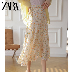 ZARA女装一片式复古雪纺碎花系带半身裙高腰沙滩中长款荷叶边裹裙