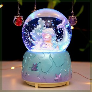 梦幻泡泡美人鱼水晶球旋转带灯飘雪花八音盒送儿童生日礼品摆件