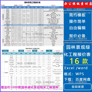 园林景观绿化 工程项目直接费预算估价报价成本利润EXCEL表格模板