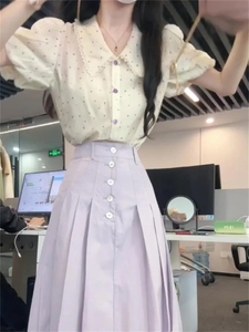 夏装搭配一整套韩系炸街减龄时尚套装女波点衬衫紫色半身裙两件套