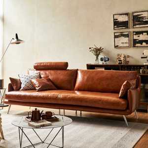 复古油蜡皮沙发小户型客厅双人三人位直排北欧中古风美式沙发羽绒