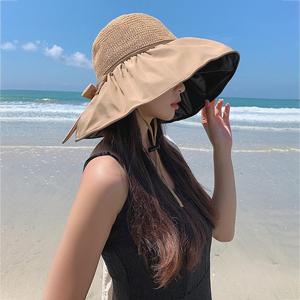 女式草帽夏季2024新款渔夫防晒防紫外线黑胶大檐遮阳沙滩太阳帽
