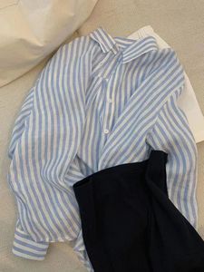 韩系蓝白条纹轻薄透气亚麻防晒衫2024夏季男友风单排扣空调衬衫女