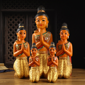 泰国迎宾跪佛东南亚风格泰式餐厅木雕人偶侍女门童佛像装饰品摆件
