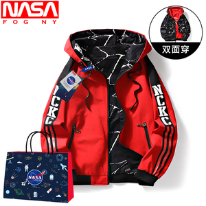 NASA FOGNY夹克男春秋双面穿连帽红色外套2023潮流青少年加厚衣服
