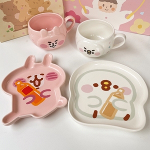 惊喜 日本卡娜赫拉系列日常可爱餐具粉色兔兔造型盘治愈马克杯