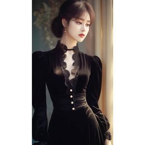 复古黑色长袖丝绒连衣裙气质女装高级感宫廷风法式宴会礼服小黑裙