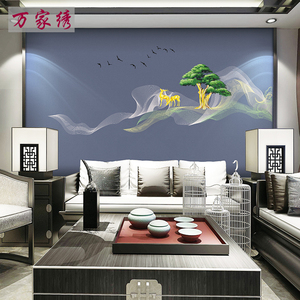 独秀卧室床头背景墙布简约现代北欧抽象麋鹿独绣高端客厅刺绣壁布