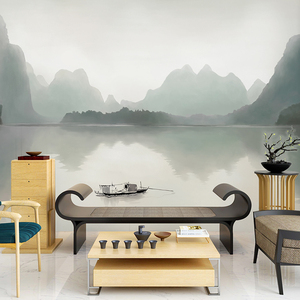江南水墨桂林风景壁画意境山水壁纸客厅沙发背景墙布茶室装饰壁布