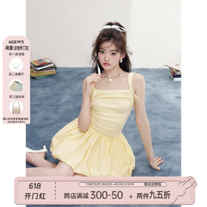 【现货】柳岩姜之南同款16DEWS黄色连衣裙女夏奶甜鹅黄蓬蓬花苞裙