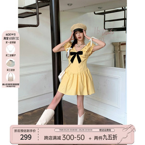 柳岩孔雪儿同款16DEWS黄色连衣裙女夏季甜美泡泡袖收腰小个子裙子