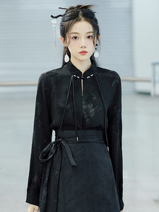 黑色立领衬衫长袖新中式国风改良汉服上衣配马面裙的衬衣女款秋季