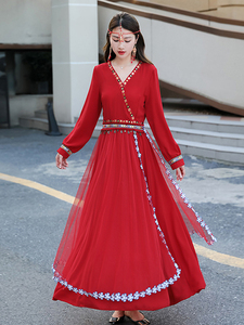 沙漠裙子异域风情波西米亚红色连衣裙民族风长裙云南旅游穿搭女装
