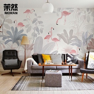 北欧ins风格墙纸沙发电视背景墙壁布网红火烈鸟植物壁纸卧室墙布