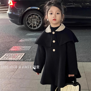 韩版童装2023冬装新款女童小香风黑色呢子大衣儿童中长款毛呢外套