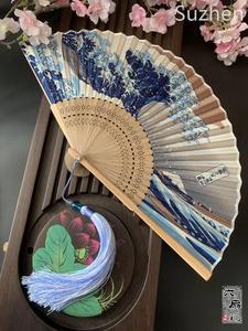 日式和风浮世绘神奈川海浪富士山折扇子日本和扇男女工艺扇礼品夏