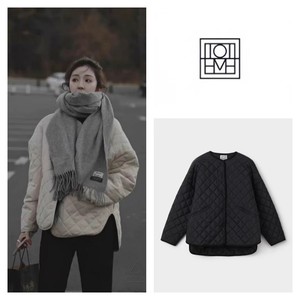 折扣Toteme 冬季黑色菱形绗缝格纹夹克前短后长廓形棉服外套女