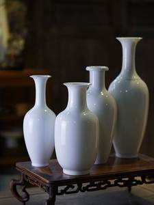 手工薄胎中式插花花器花瓶白色陶瓷卷口梅瓶插花器小原流器皿摆件