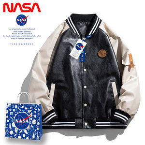 NASA IDEA官网外套女春秋季美式复古PU皮棒球服青少年学生男夹克