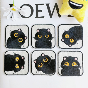 卡通黑色猫咪方形刺绣布贴羽绒服破洞修补贴自粘贴衣服补丁贴装饰