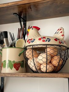 鸡蛋筐陶瓷鸡蛋篮大蒜土豆杂物蓝厨房装饰创意摆件母鸡收纳铁编篮