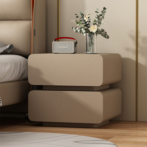 实木皮质双层奶油风高级感床头柜现代简约轻奢型落地款卧室储物柜