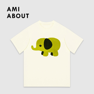 Ami about官网小众设计卡通小象图案T恤短袖男女同款纯棉简约上衣