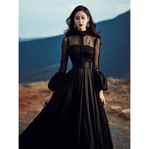 春季法式气质长裙高端精致高级感叛逆千金宫廷风黑色蕾丝连衣裙子