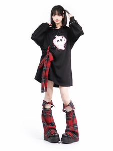 pinksavior【奇思怪语】格子抽绳半裙腿套设计款幽灵连帽猫耳卫衣