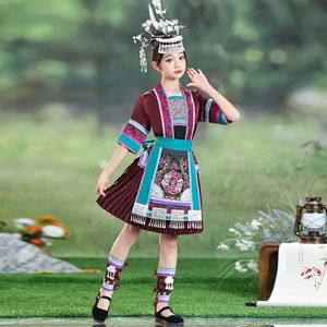 新侗族服装儿童贵州56个少数民族服饰女童传统刺绣舞台演出服短裙
