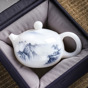 郭志保手工茶壶中国白羊脂玉冰种釉烧手绘山水西施壶功夫茶泡茶壶