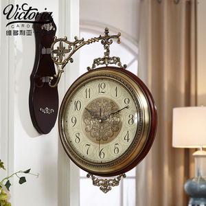 欧式实木复古双面挂钟客厅钟表静音挂表客厅创意时尚金属镀铜挂表