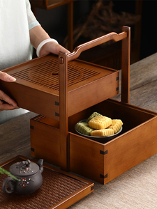 竹制食盒双层中式仿古提盒野餐便携手提收纳盒中秋端午年货礼盒子