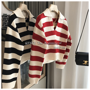 Striped Red  Collar Sweater Women's Autumn And Winter New Re