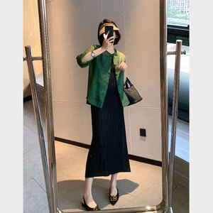 高级感新中式国风绿色小衫黑色经典款连衣裙时尚减龄两件套装女夏