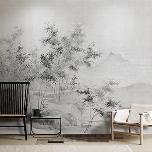 新中式水墨竹林电视背景墙纸客厅沙发无缝卧室壁布棋牌室餐厅壁纸