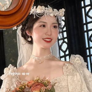 2024新款法式新娘蕾丝珍珠流苏发箍婚纱造型头花发饰品复古发带