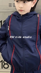 RM原创设计秋季新品男女儿童宝宝多色拼接字母连帽防风衣外套