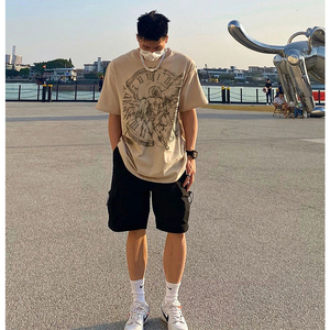 欧美街头hiphop嘻哈短袖T恤男夏季国潮小众印花宽松纯棉圆领上衣