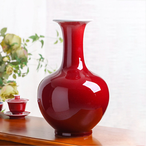 景德镇中国红花瓶新古典郎红釉陶瓷瓶客厅玄关电视柜摆件结婚送礼