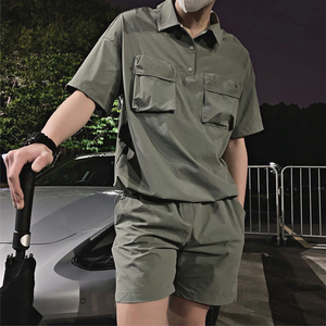 军事风工装短袖套装男士夏季新款时尚百搭翻领短袖休闲短裤两件套