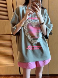 大码韩国女装夏季新款胖mm爱心网纱拼接T恤+粉色薄款五分裤套装女