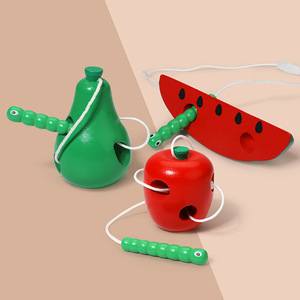 儿童益智早教串珠小虫吃水果苹果梨虫吃西瓜幼儿园穿线木制玩具