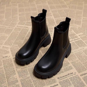 季天大东切尔西短靴女2023新款冬季烟筒棉鞋厚底棕色马丁靴英伦风
