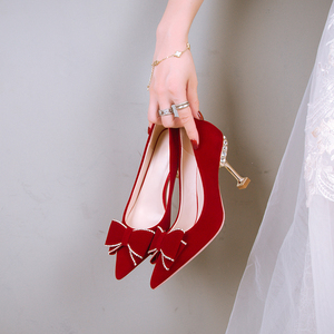 结婚鞋女红色绒面新娘鞋中式秀禾婚纱两穿礼服高跟鞋水钻蝴蝶结鞋