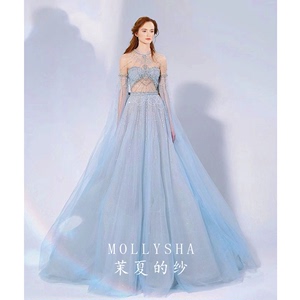 茉夏的纱2022新款高级定制礼服女重工奢华满钻蓝色水晶婚纱礼服女