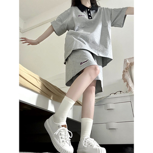 学院风休闲运动套装女夏季学生韩版宽松时尚短袖五分裤跑步两件套